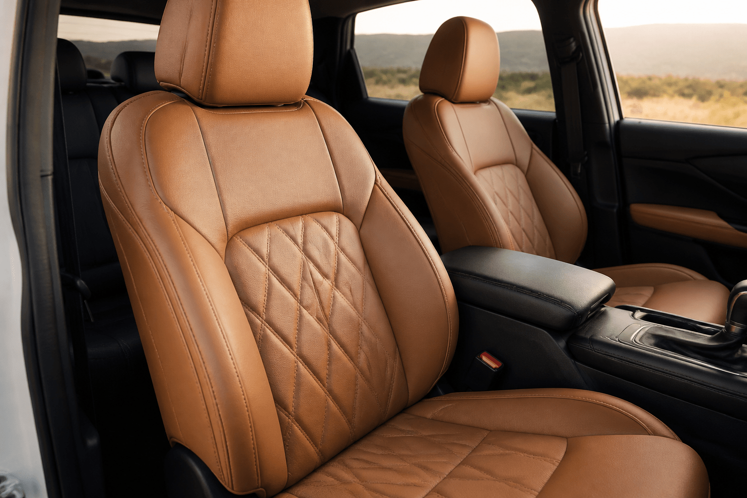 Custom tan Katzkin leather seats inside a modern vehicle
