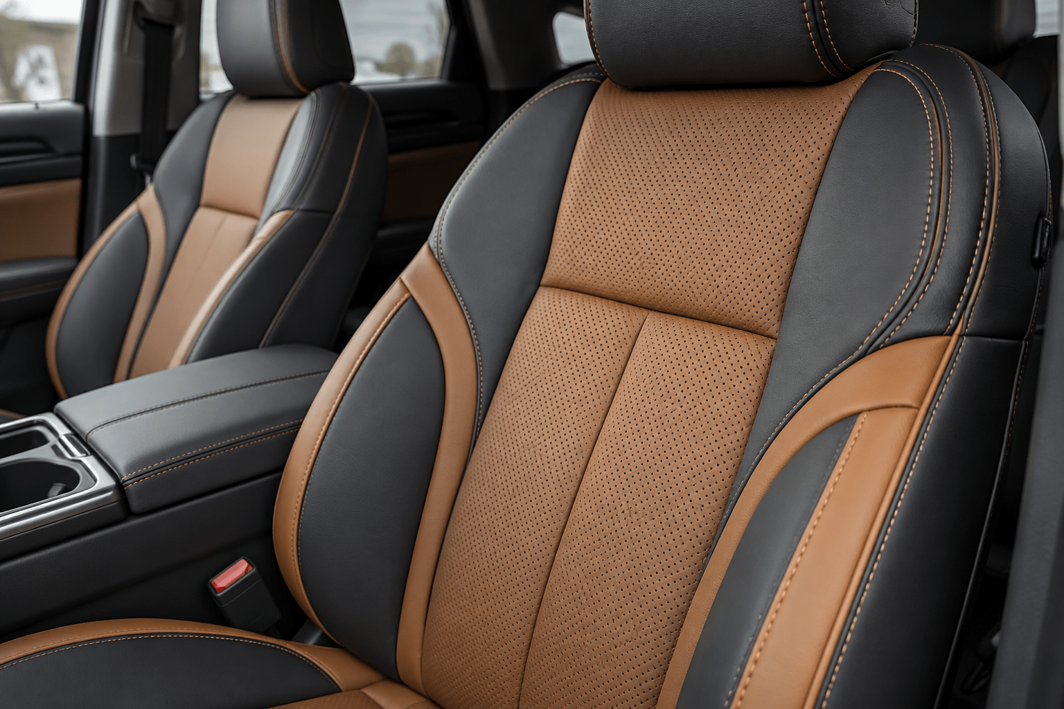 Two-tone charcoal and saddle-tan custom leather seats with contrast stitching