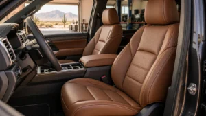Custom brown leather car seats in a professionally restyled vehicle interior