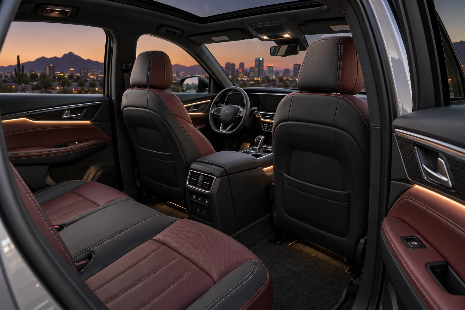 Finished customized vehicle cabin with coordinated leather colors and accents