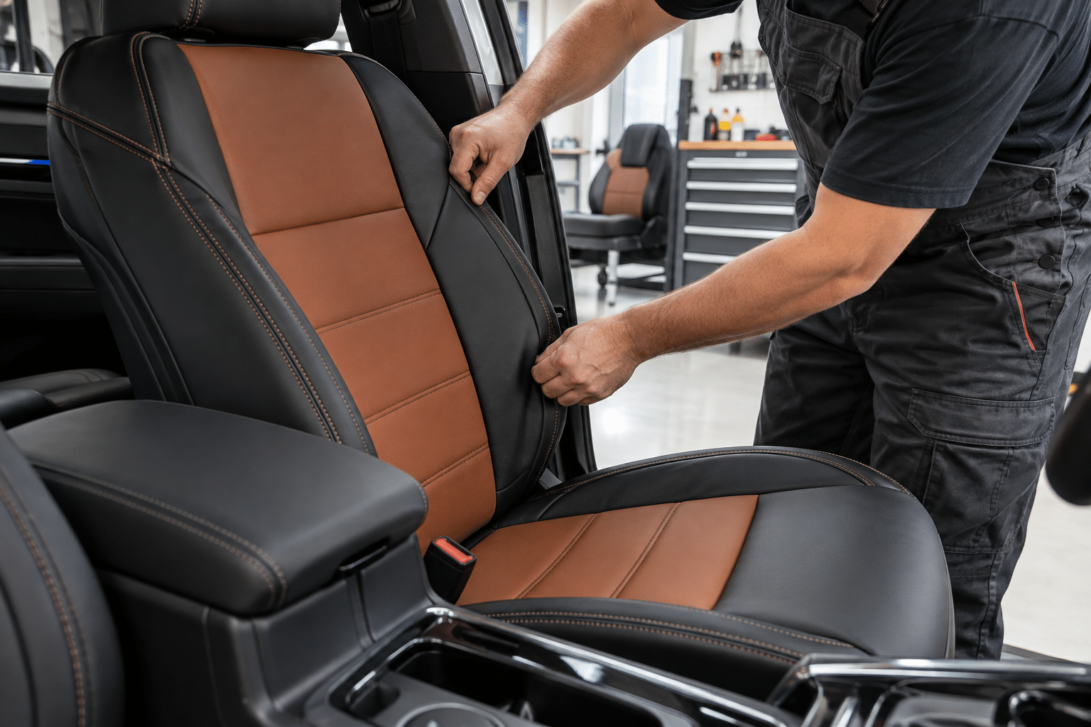 Certified technician installing custom automotive leather upholstery